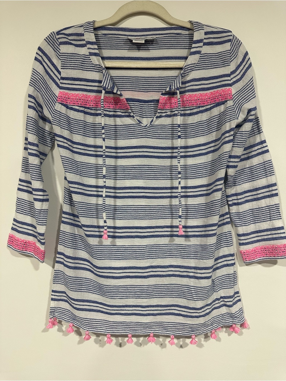 Vineyard Vines Tunic Top Womens XS Blue White Stripe Pink Tassel Cover Up Cotton